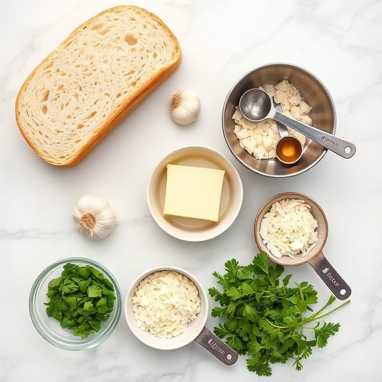 Fresh sourdough, garlic, butter, Parmesan, and herbs laid out for a pull-apart bread recipe