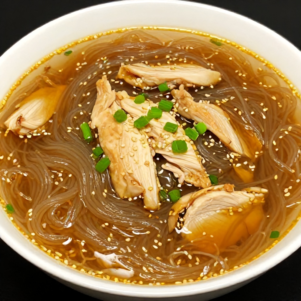 Bowl of Ginger Scallion Chicken Noodle Soup with green onions