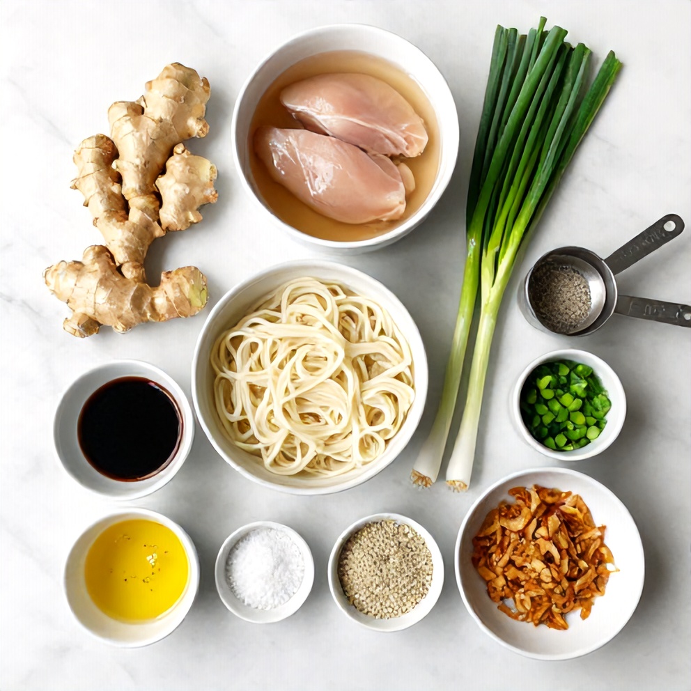 Raw ingredients for Ginger Scallion Chicken Noodle Soup