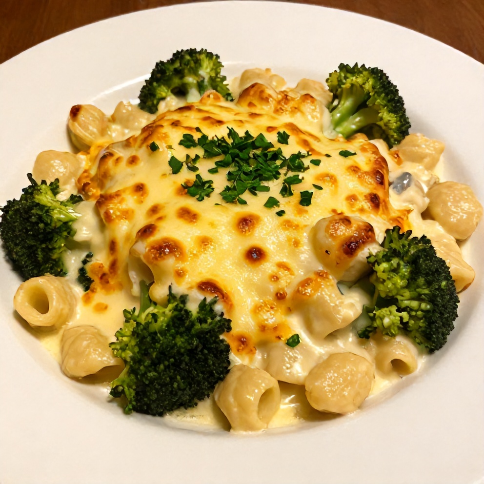 Plated serving of gnocchi broccoli bake