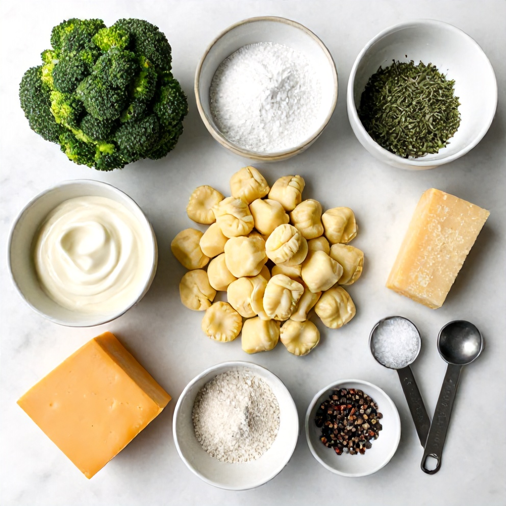 Raw ingredients for gnocchi broccoli bake