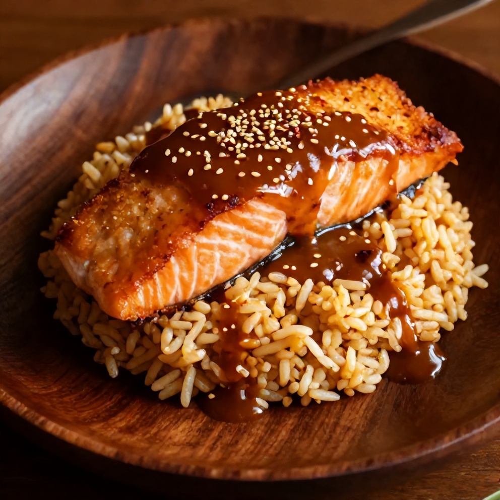 Gochujang Butter Salmon Rice Bowl Closeup