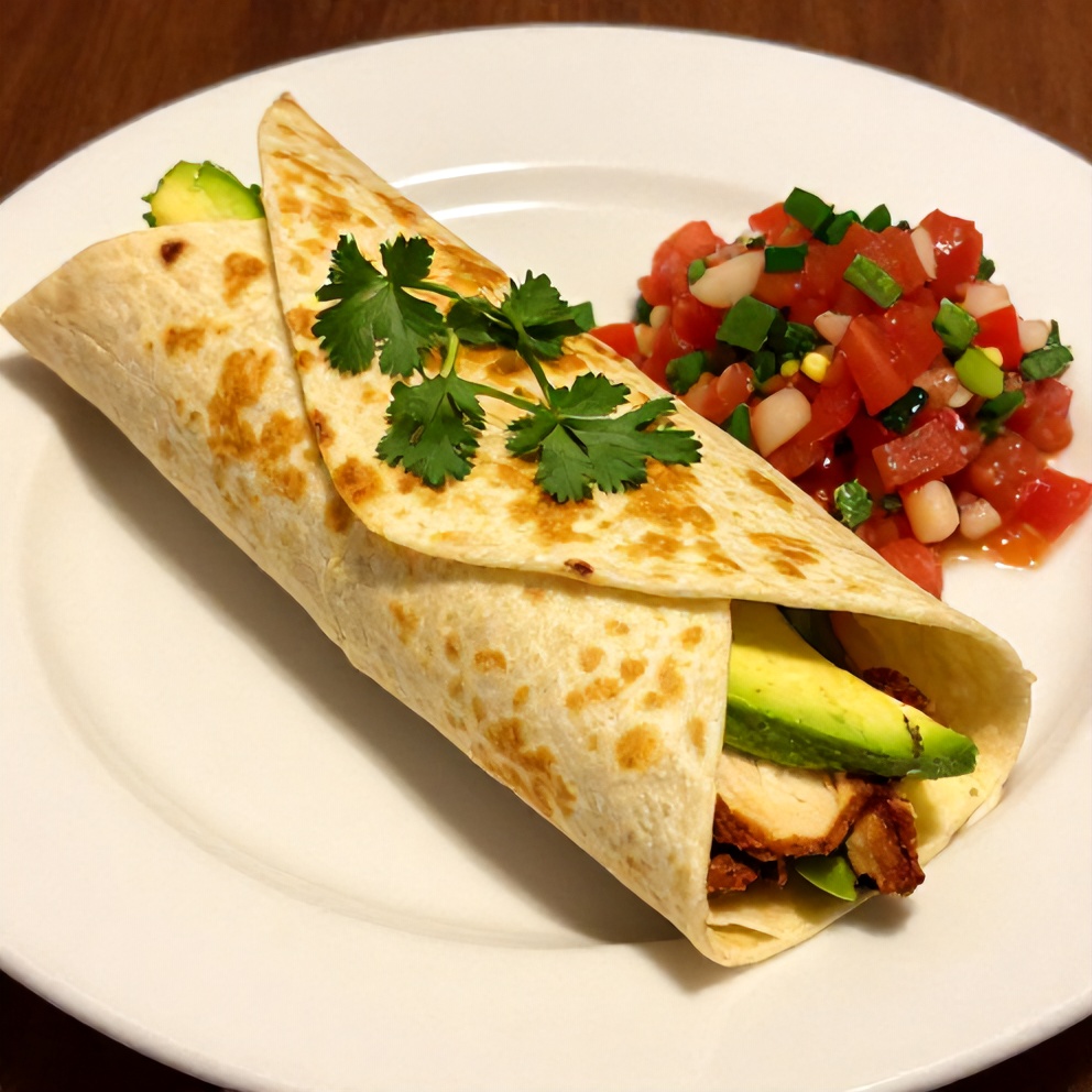 Plated chicken avocado wrap on a white plate