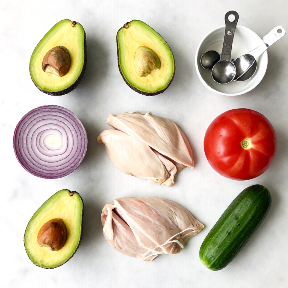 Raw ingredients for chicken avocado wrap on a marble surface