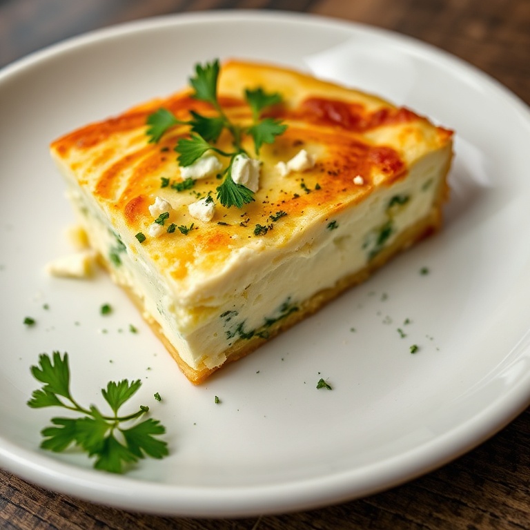 Perfectly plated Greek Cheese Pie with feta and fresh herbs. Garnished with parsley. Close crop showing texture and flavor.