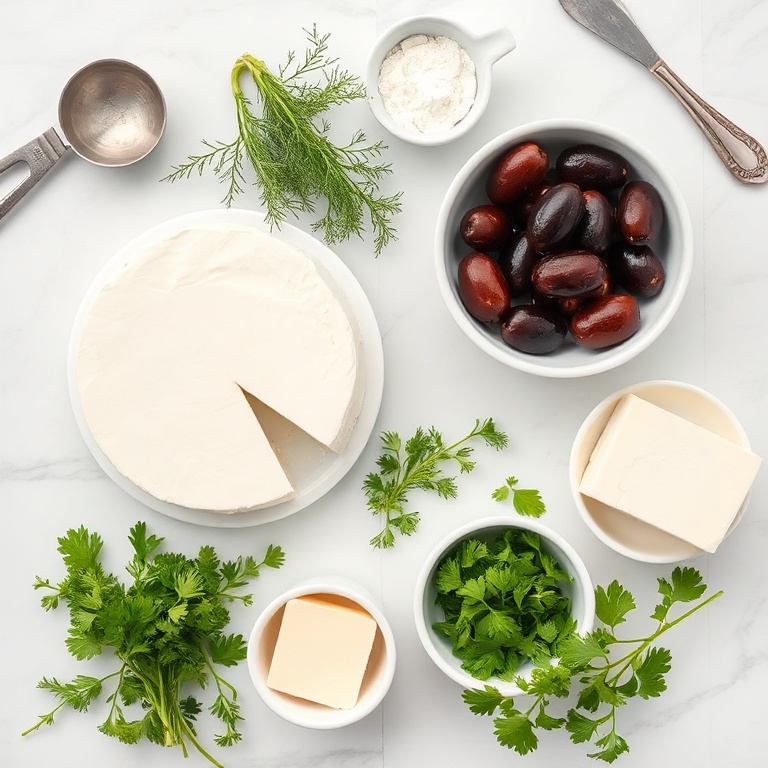 Raw ingredients for Greek Cheese Pie. Feta, fresh herbs, olives, butter, and flour arranged in an overhead flat lay. Measuring spoons and bowls visible.
