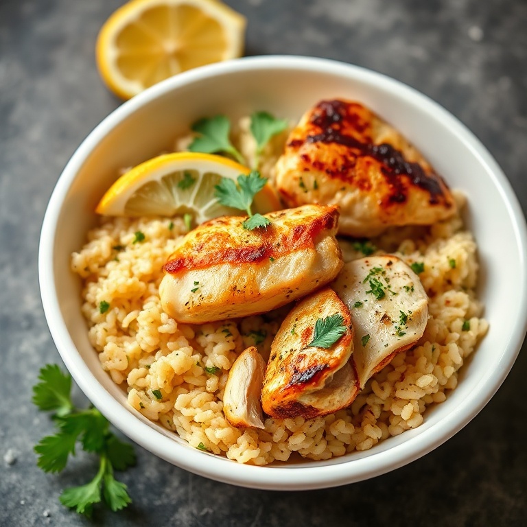 Perfectly plated Greek Chicken Bowls with lemon orzo, crispy chicken, and fresh herbs. Close crop showing textures. Warm side lighting. Photorealistic food photography. No text. No watermark.