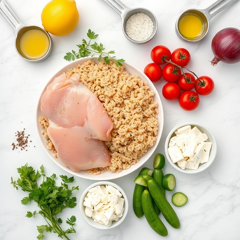 Raw chicken, orzo, cherry tomatoes, cucumbers, red onion, feta cheese, lemon, olive oil, garlic, oregano, salt, pepper. Overhead flat lay on white marble surface. Measuring spoons and cups visible. Bright even light. Photorealistic food photography. No text. No watermark.
