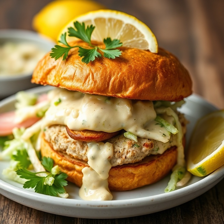 Perfectly plated green goddess turkey burger with fresh slaw. Garnished with parsley and lemon wedges. Close-up of the crispy exterior and creamy sauce.