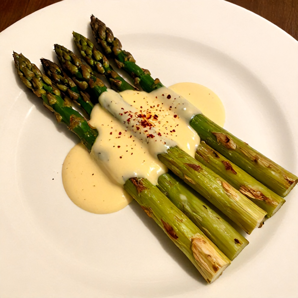 Plated Grilled Asparagus with Tahini Lemon Sauce