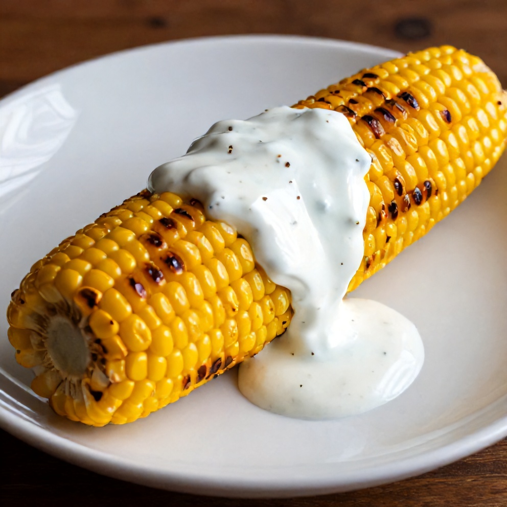 Plated grilled corn on the cob with chili lime yogurt sauce