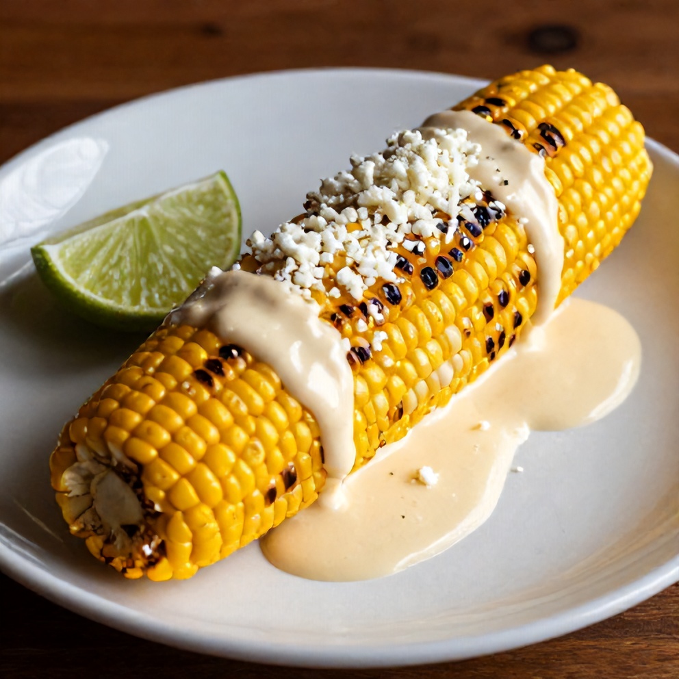 Plated grilled Mexican street corn with lime wedges