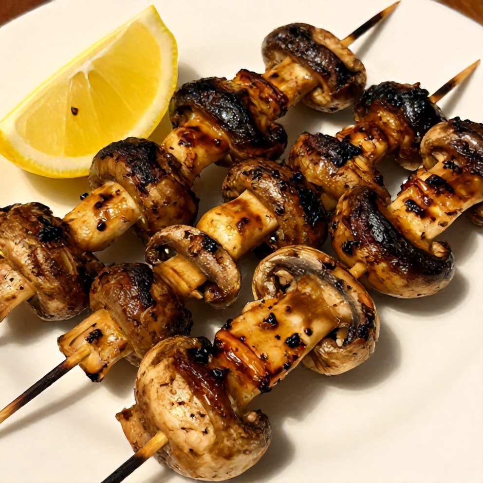 Grilled mushroom skewers on a white plate with a lemon wedge