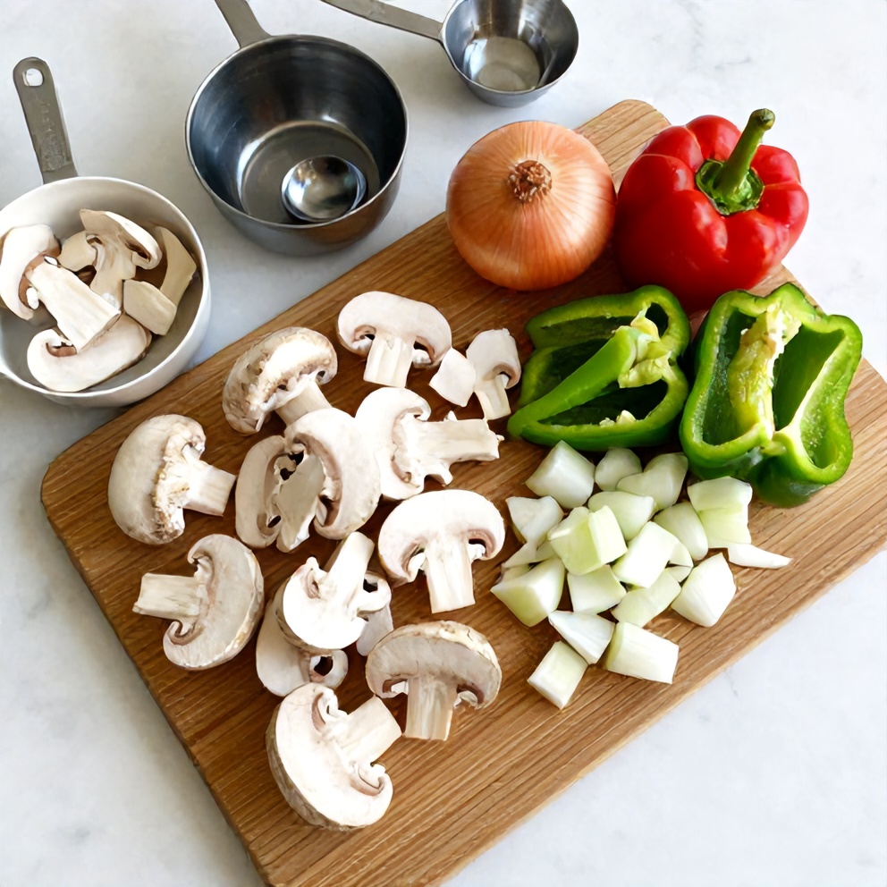 Raw mushrooms, bell peppers, and onions on a wooden cutting board