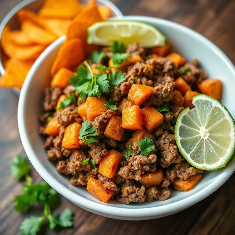 A perfectly plated ground beef and sweet potato dinner bowl. Topped with fresh cilantro, a squeeze of lime, and a side of crispy sweet potato chips. Warm, flavorful, and satisfying.