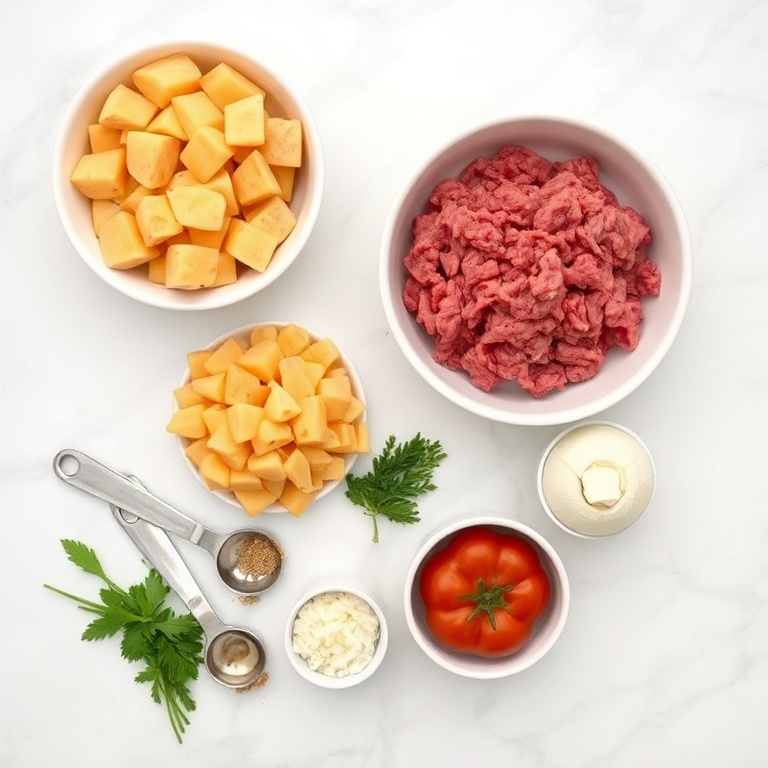 Raw ingredients for a easy ground beef and sweet potato dinner bowl. Ground beef, sweet potatoes, onion, garlic, tomato, and cilantro arranged in a flat lay with measuring spoons and bowls.