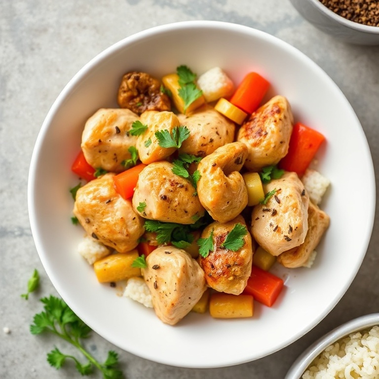 Perfectly plated chicken and vegetable skillet with a sprinkle of parsley. Served in a white ceramic bowl with a side of rice.