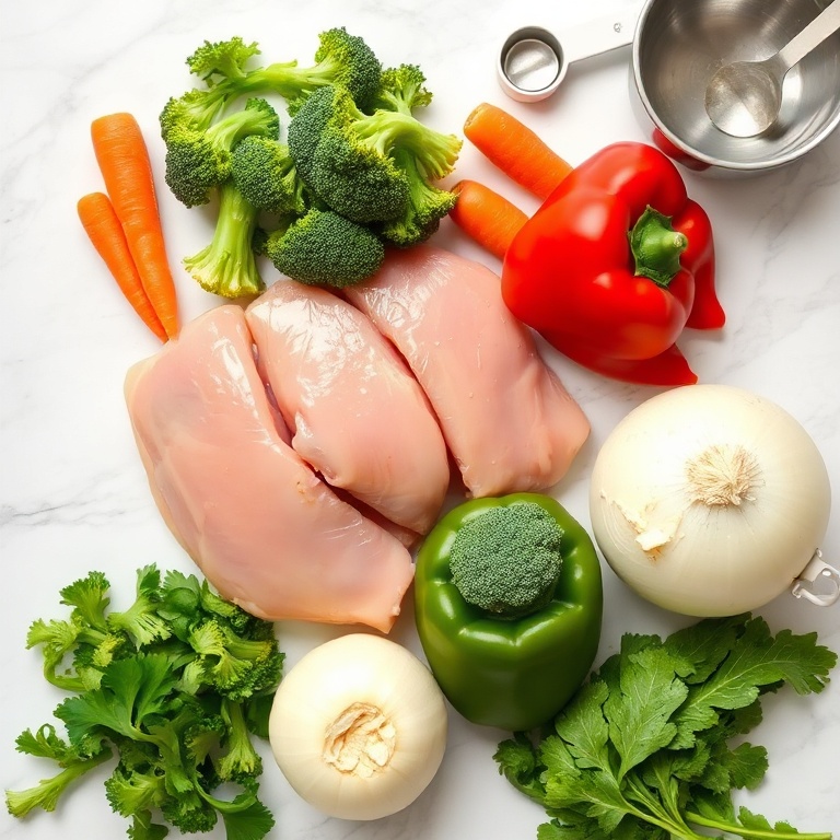 Fresh chicken, broccoli, bell peppers, carrots, and onion arranged in a flat lay. Measuring cups and bowls nearby on a white marble surface.