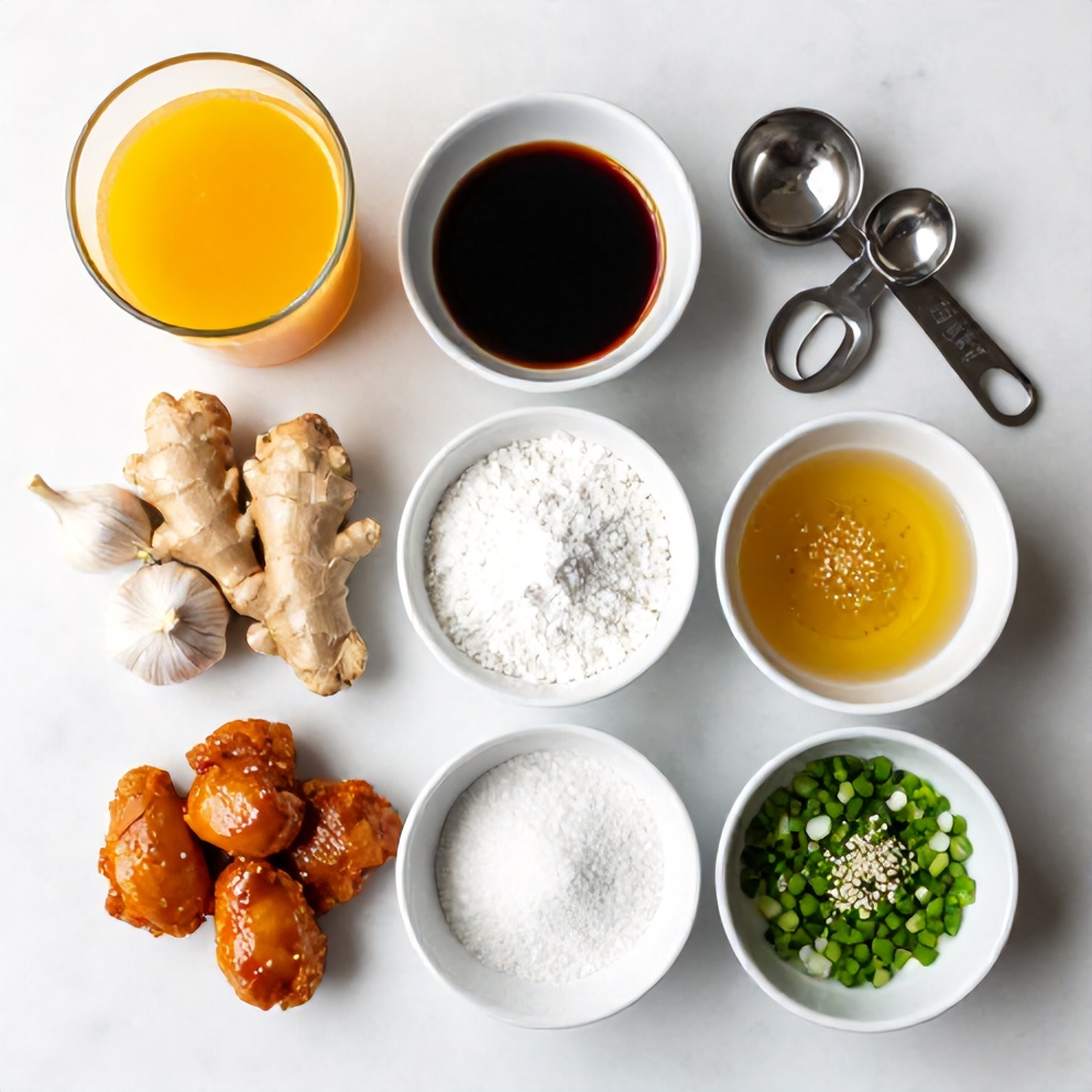 Raw ingredients for orange chicken: chicken, orange juice, soy sauce, garlic, ginger, cornstarch, sesame oil, sugar, vinegar, green onions, sesame seeds