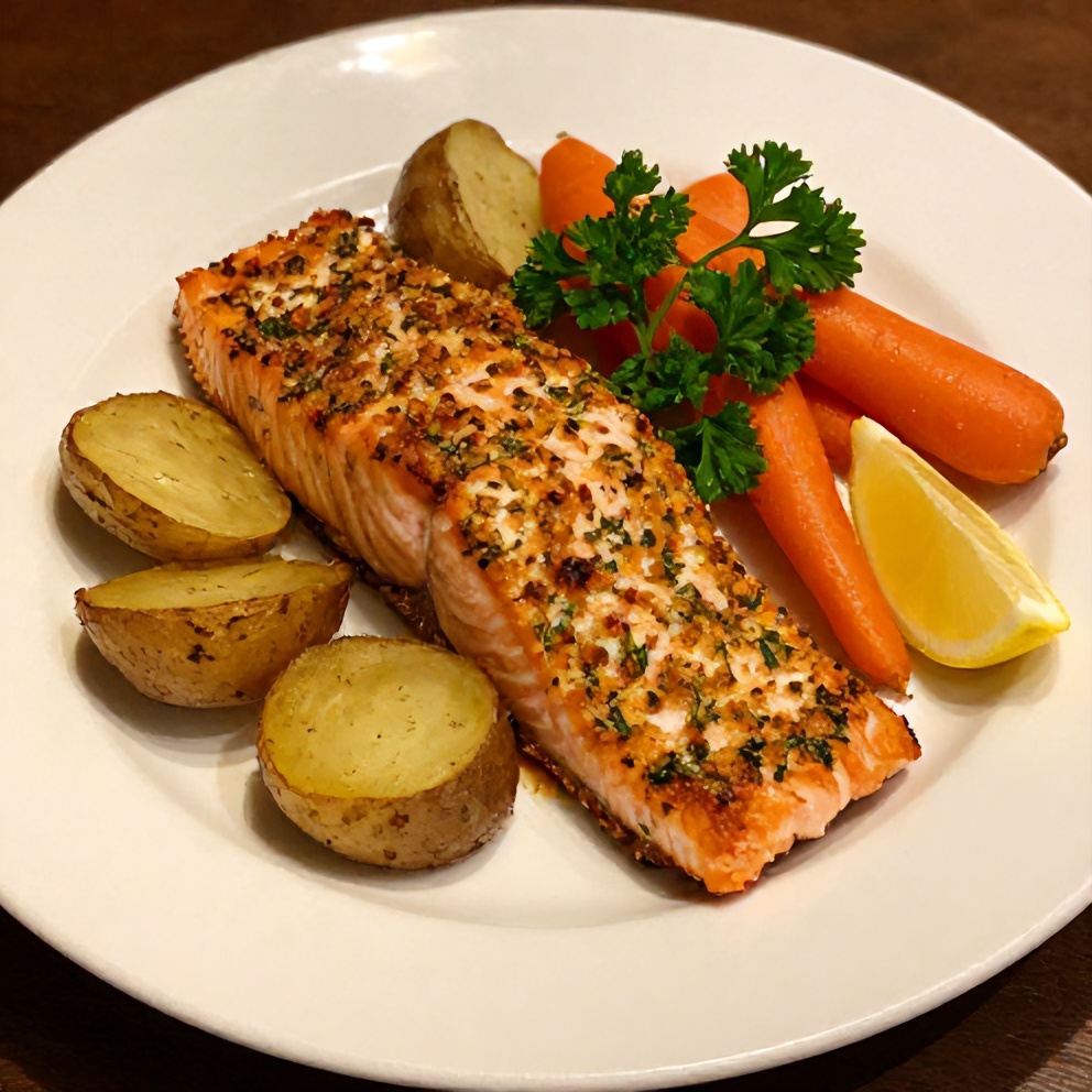 Plated serving of crispy herb crusted salmon with roasted potatoes and carrots