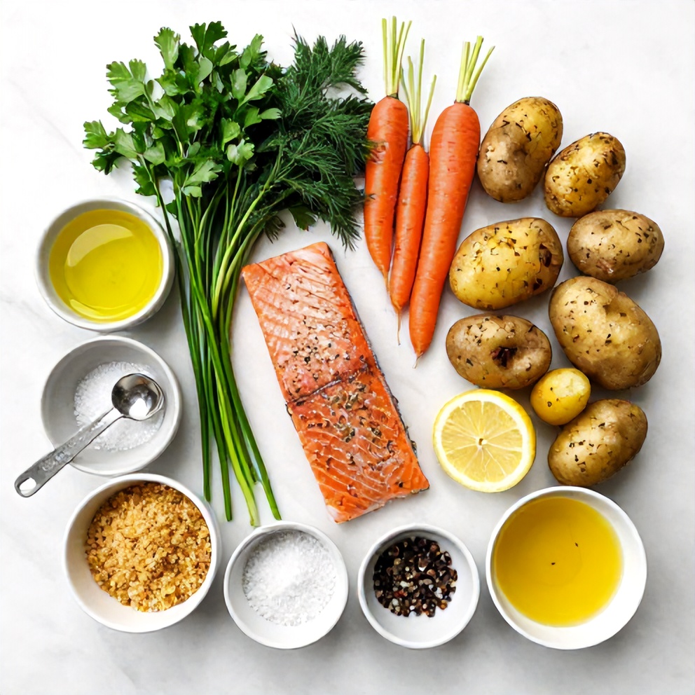 Raw ingredients for herb crusted salmon with roasted vegetables