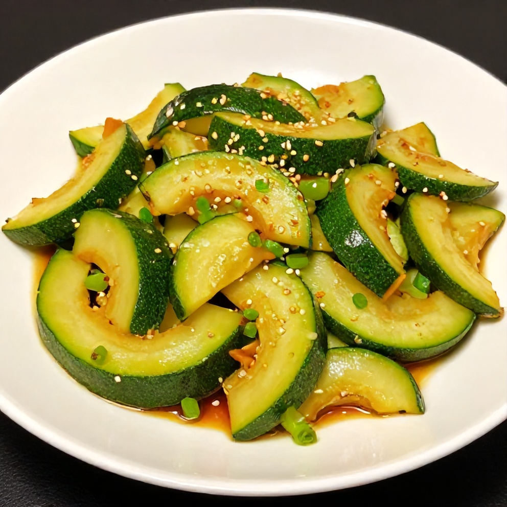 Plated zucchini stir fry with sesame seeds and green onions on a white plate