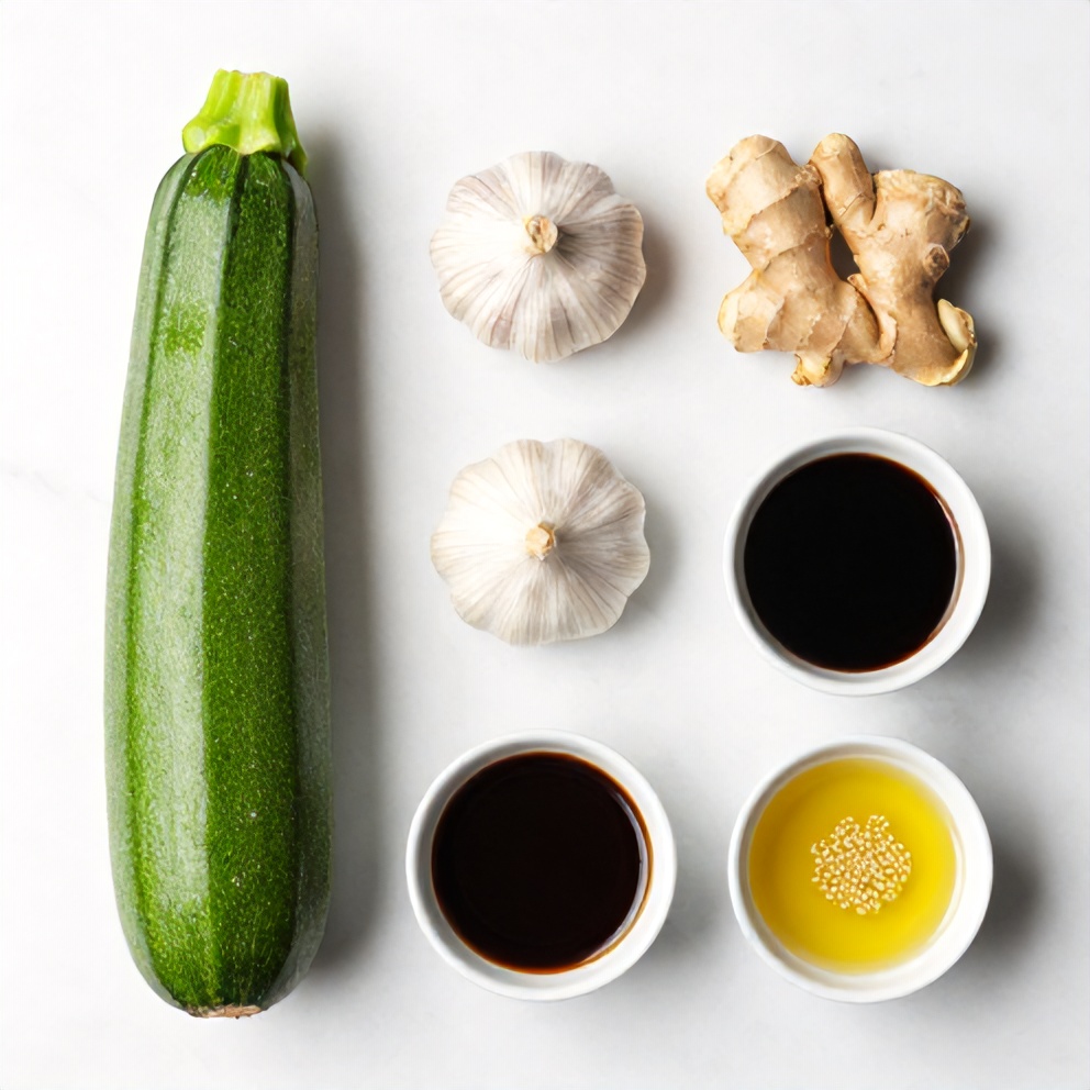 Raw zucchini, garlic, ginger, soy sauce, and sesame oil arranged in a flat lay