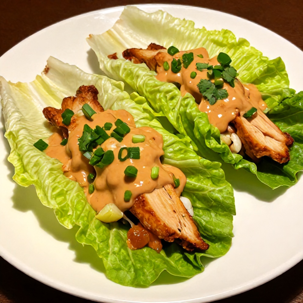 Plated chicken lettuce wraps with peanut sauce