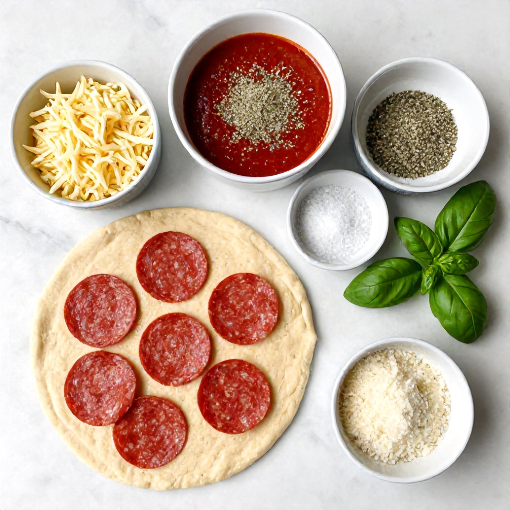 Raw ingredients for High Protein Pepperoni Pizza Rolls on a marble surface