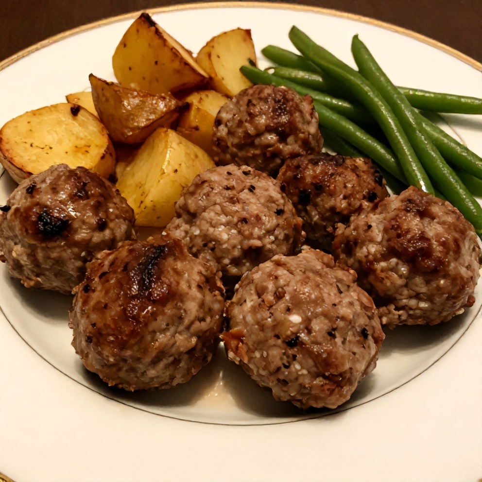 Plated turkey meatballs with roasted potatoes and green beans