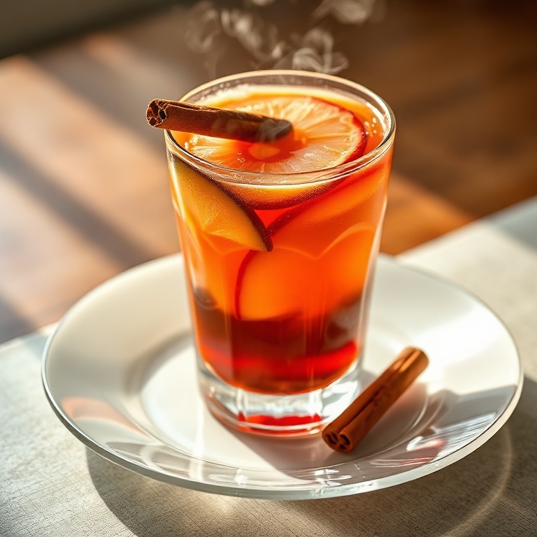 A clear glass of holiday punch with fruit slices and a cinnamon stick. Steam rising and light reflecting off the surface.