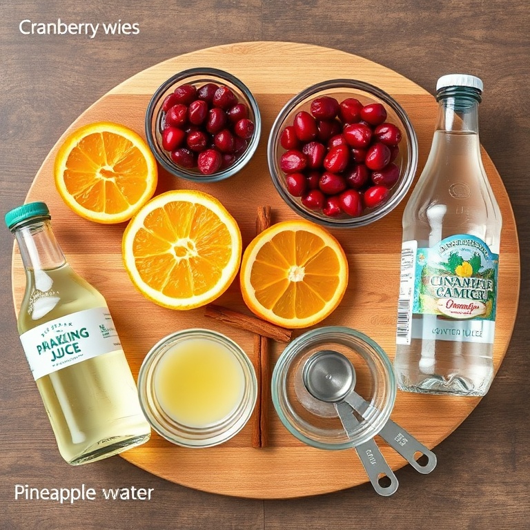 Fresh cranberries, orange slices, cinnamon sticks, and a bottle of sparkling water arranged on a wooden board.