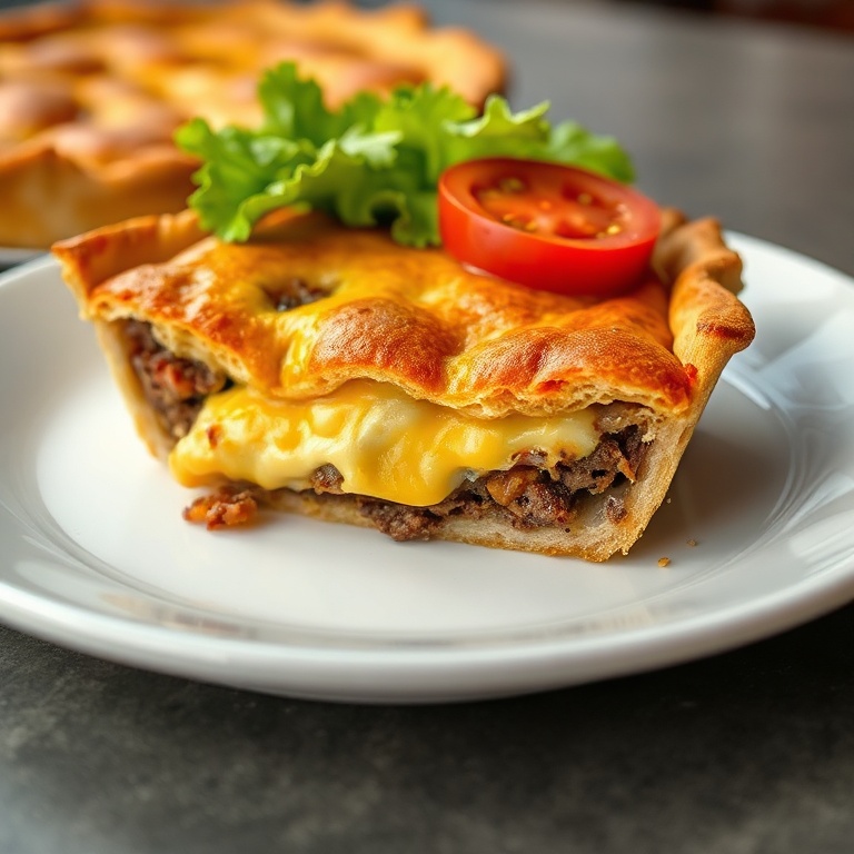 Perfectly plated cheeseburger pie with a slice showing layers. Garnished with lettuce and tomato on a white plate.