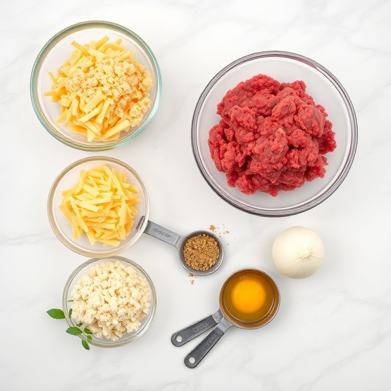 Raw ground beef, cheese, breadcrumbs, onion, and ketchup arranged in an overhead flat lay with measuring tools.