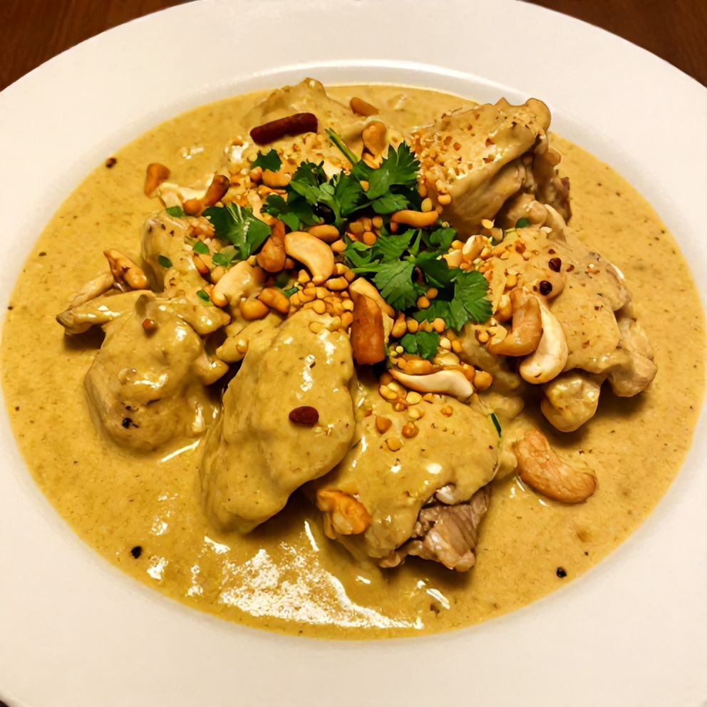 Plated Chicken Korma with naan bread and garnished with fresh cilantro
