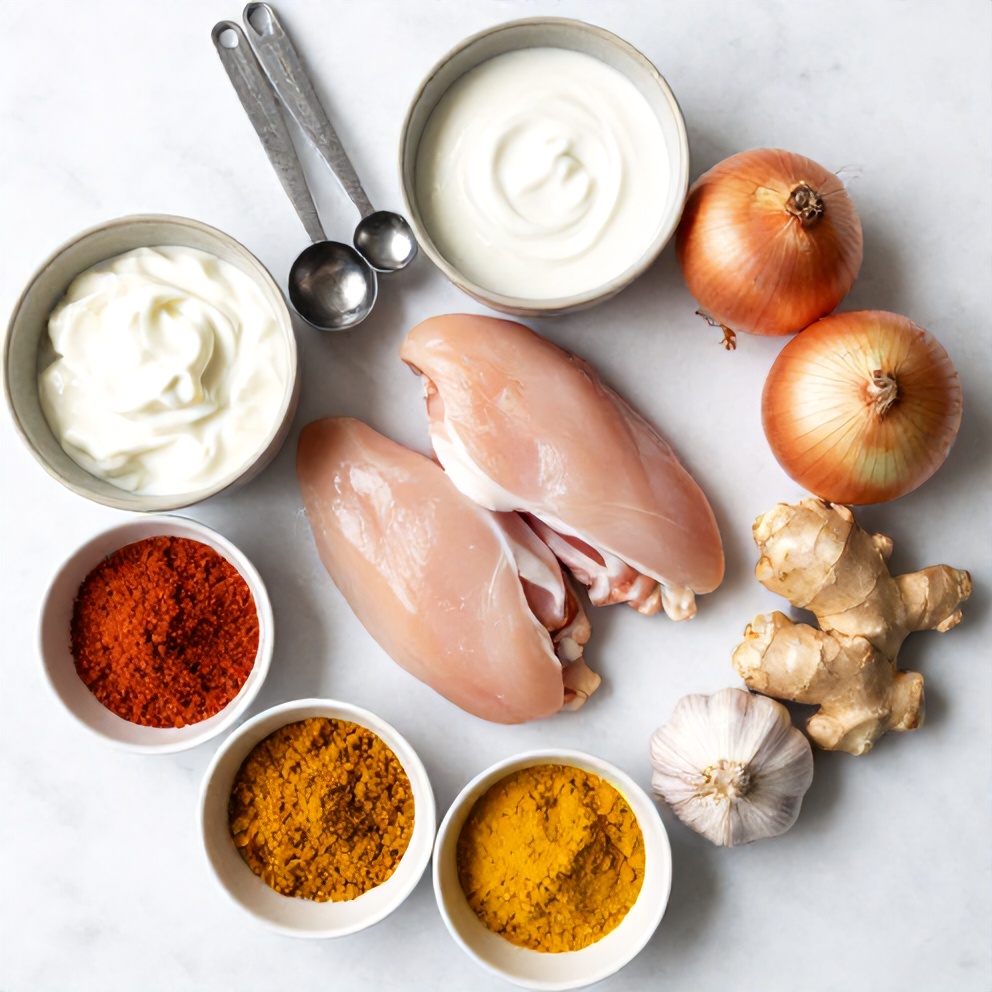 Raw ingredients for Chicken Korma: chicken, yogurt, spices, onions, garlic, ginger, cream, etc.