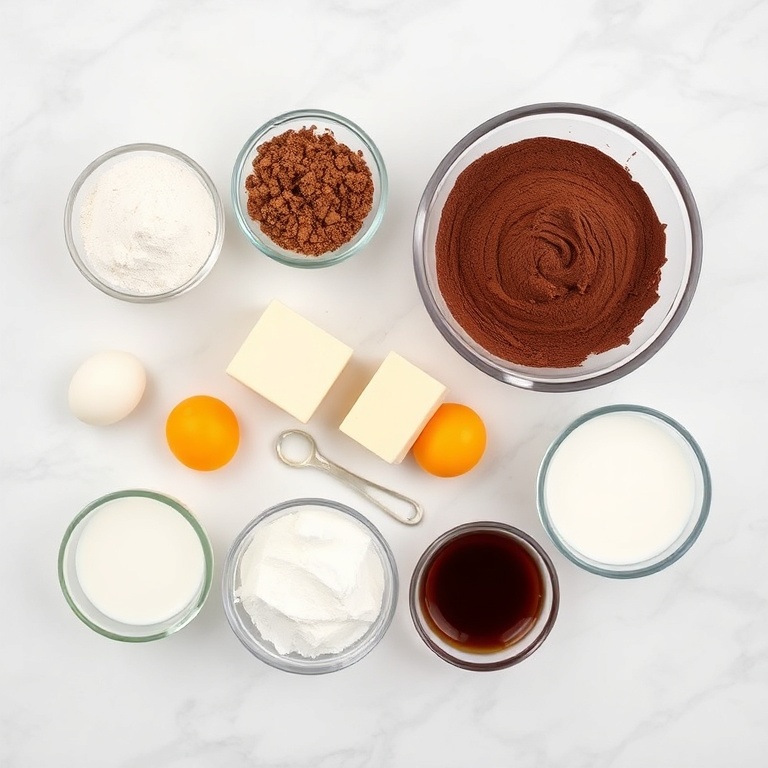 Flour, sugar, cocoa powder, eggs, butter, milk, baking soda, and vanilla extract