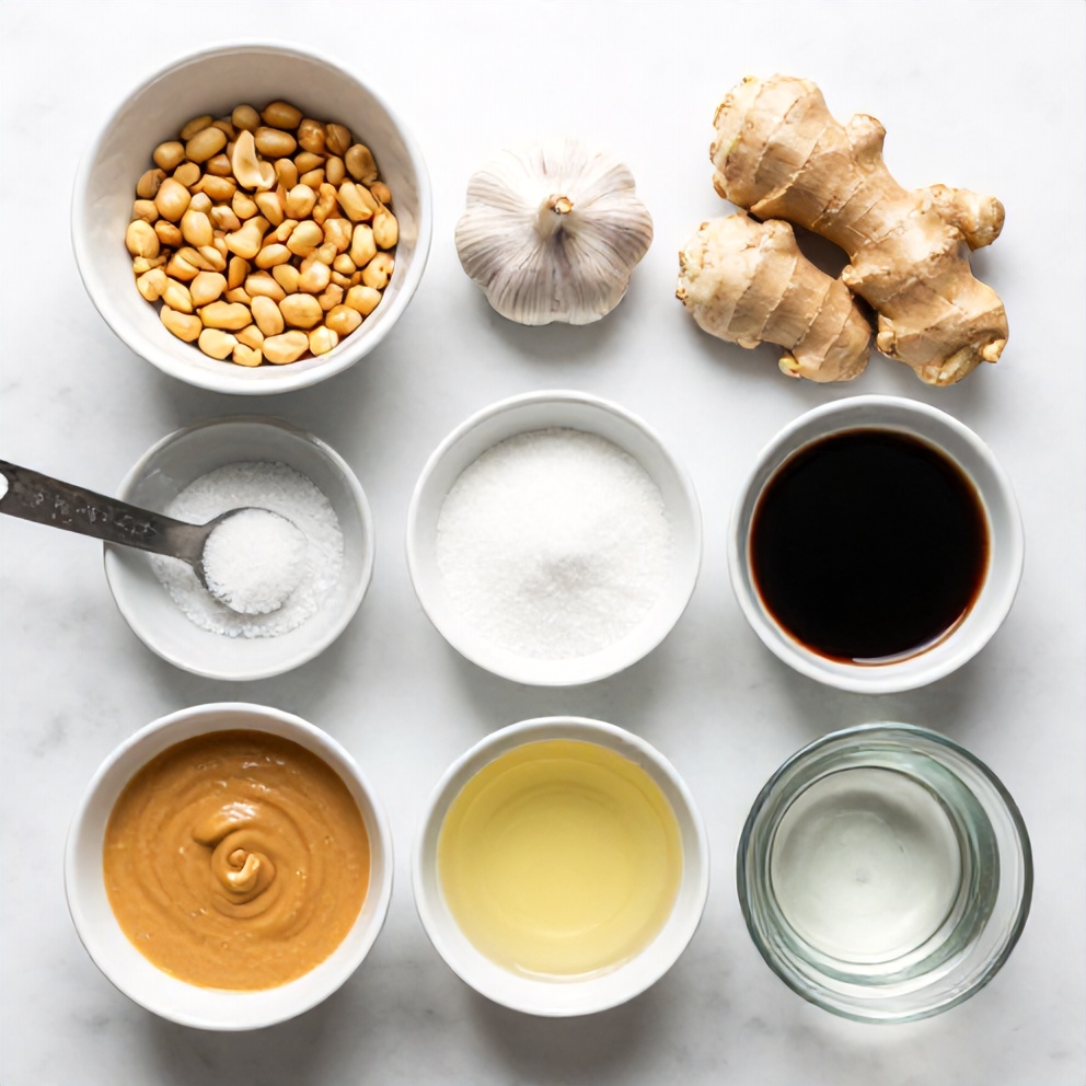 Ingredients for easy homemade peanut sauce: peanuts, garlic, ginger, soy sauce, sugar, vinegar, water