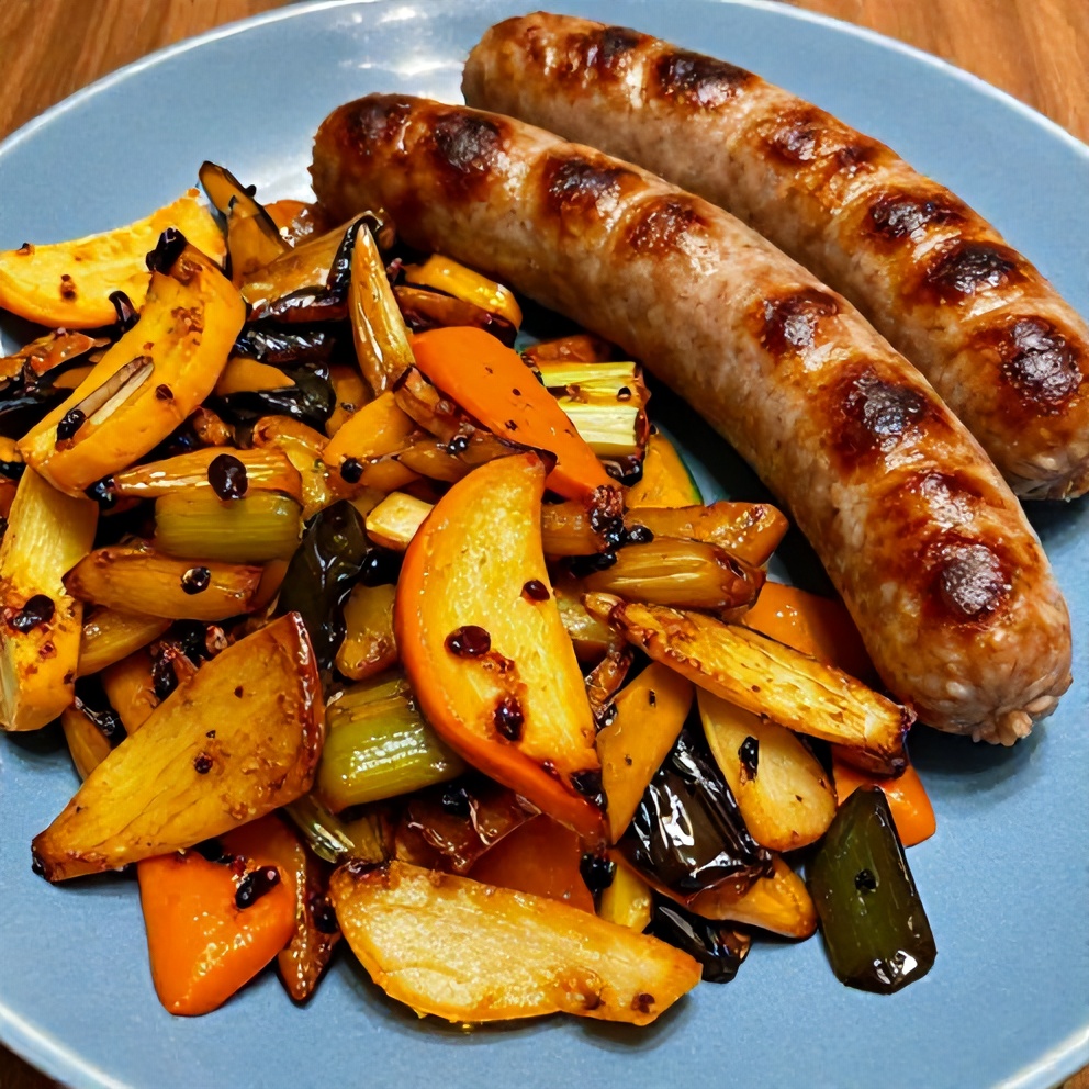 Honey Garlic Kielbasa and Veggies Dinner plated on a blue plate