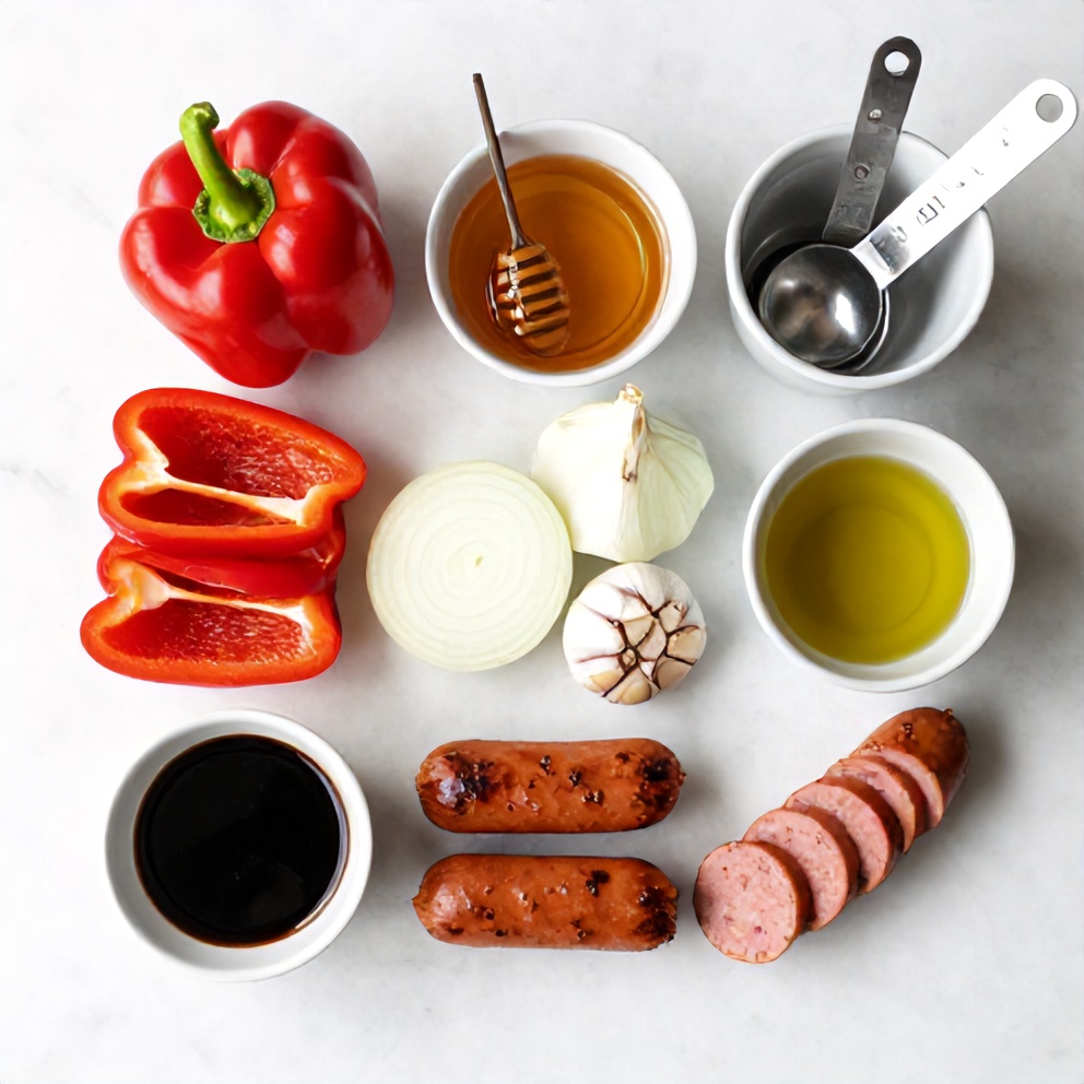 Raw ingredients for Honey Garlic Kielbasa and Veggies Dinner on a marble surface