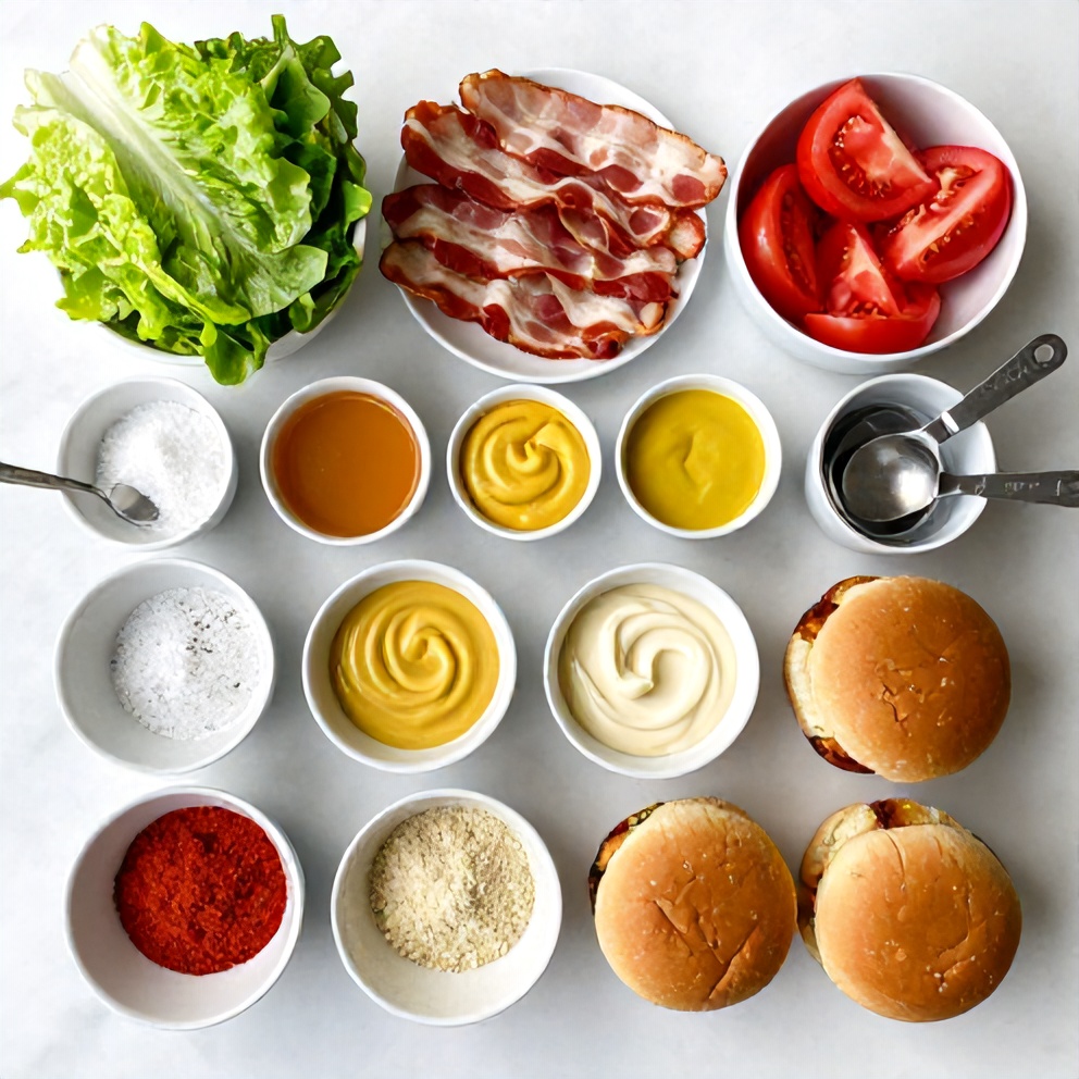 Raw ingredients for Honey Mustard BLT Chicken Sliders on a marble counter