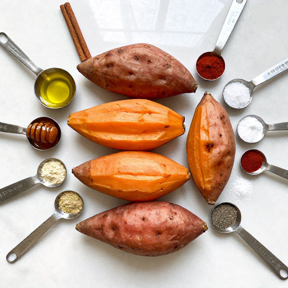 Raw ingredients for honey roasted sweet potatoes