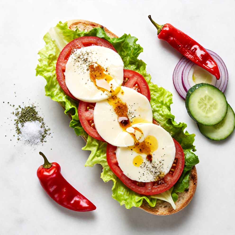 Raw ingredients for Italian grinder salad sandwich on a white marble surface