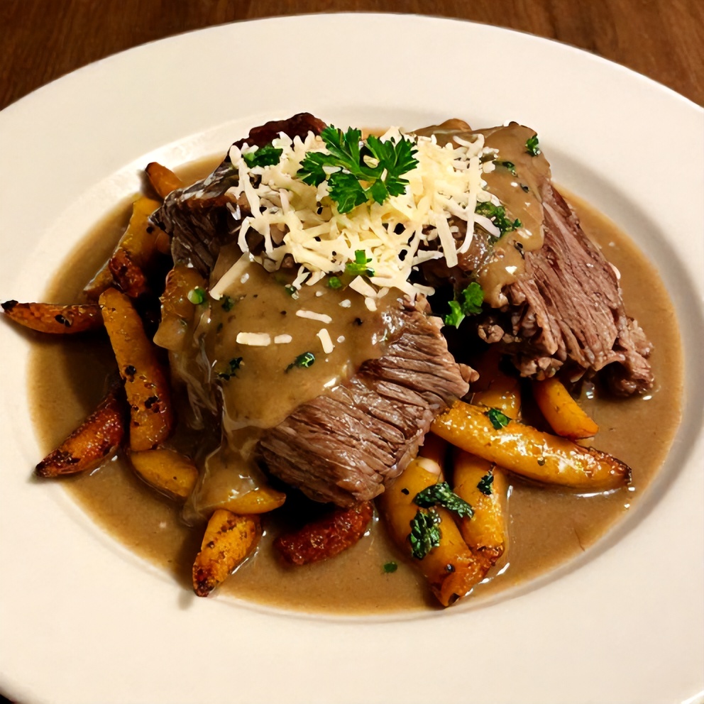 Plated Italian Pot Roast with garlic herb gravy