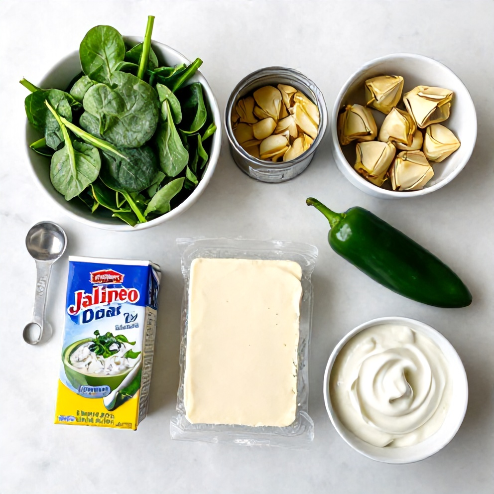 Raw ingredients for Jalapeño Spinach Artichoke Dip on a marble surface