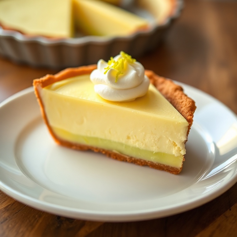 A perfect slice of key lime pie on a white ceramic plate. A small dollop of whipped cream and lime zest tops the slice. Warm lighting highlights the texture.