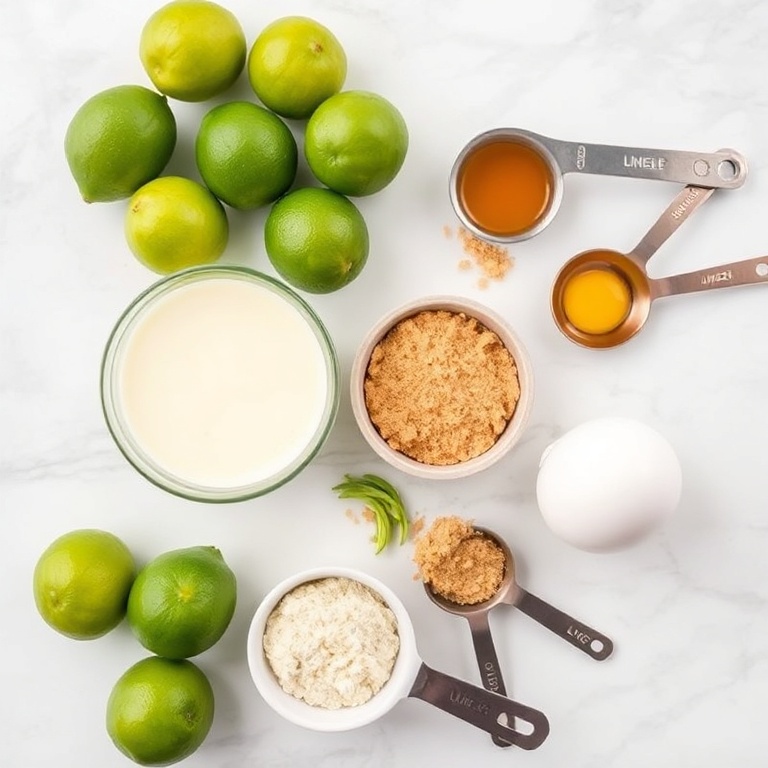 A flat lay of key limes, sweetened condensed milk, graham cracker crumbs, eggs, and lime zest. Measuring cups and spoons are visible on a white marble surface.
