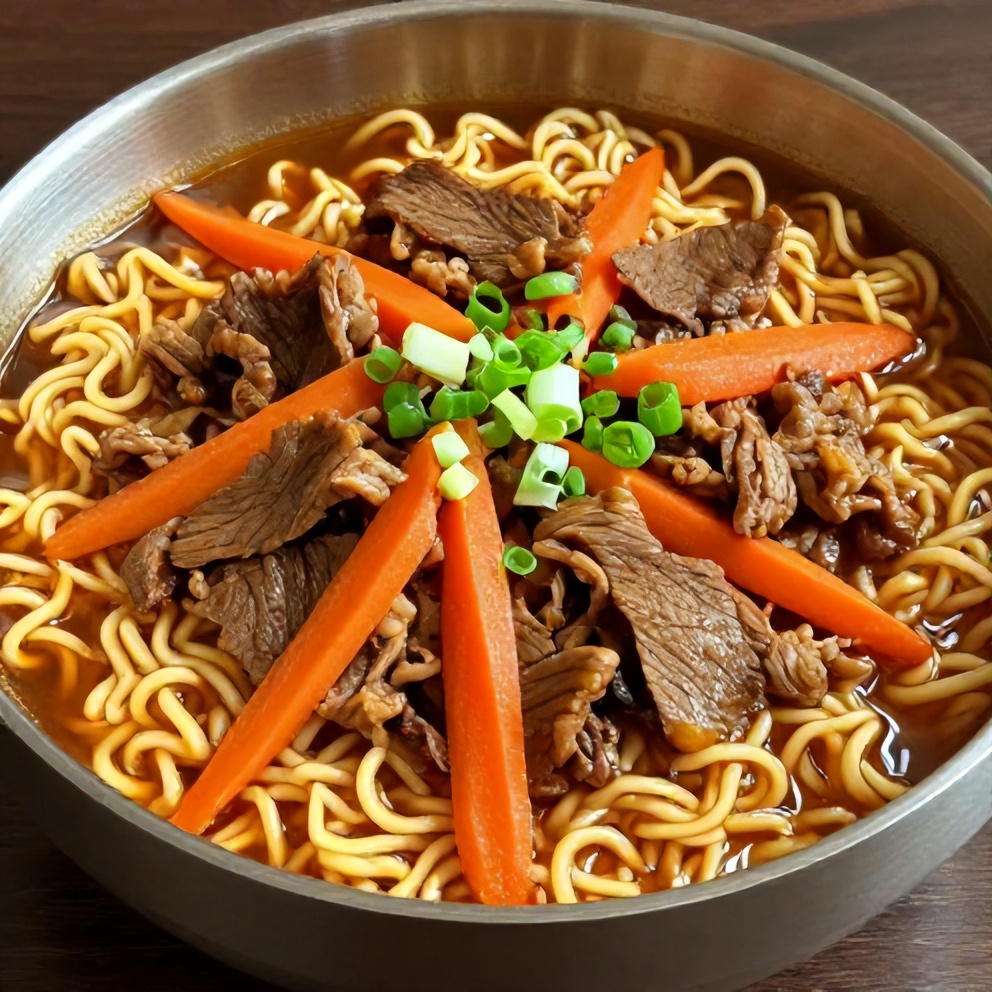 Plated Korean Beef Ramen with green onions