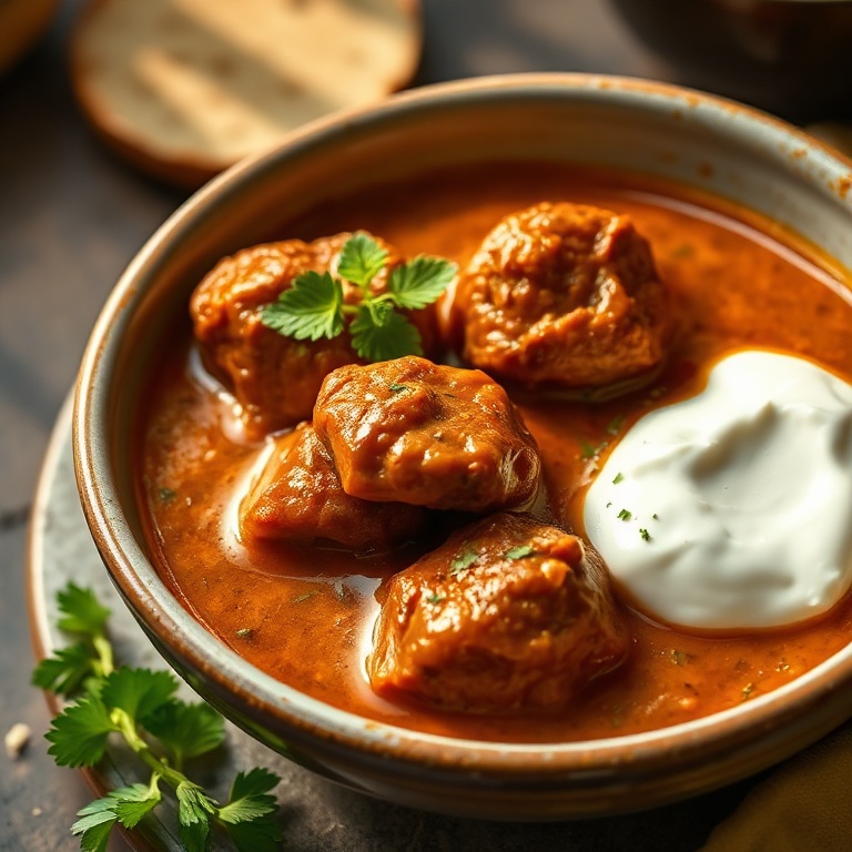 Lamb kofta curry served in a deep bowl. Garnished with fresh mint and a dollop of yogurt. Warm lighting highlights the rich texture.