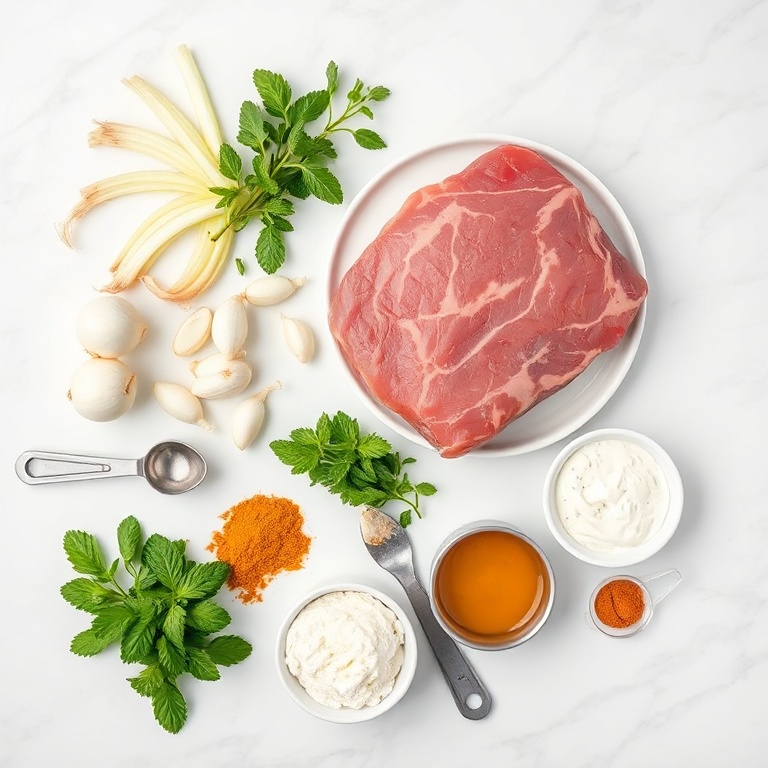 Raw lamb, onions, garlic, ginger, mint, yogurt, curry powder, and spices arranged in a flat lay. Measuring spoons and bowls visible.